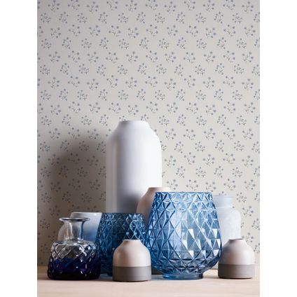 Livingwalls behang bloemmotief wit, blauw en grijs - 53 cm x 10,05 m - AS-390741