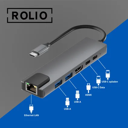 Rolio USB C Hub - HDMI 4K - Ethernet - 2x USB-C - 2x USB 3.0 - Universeel 2