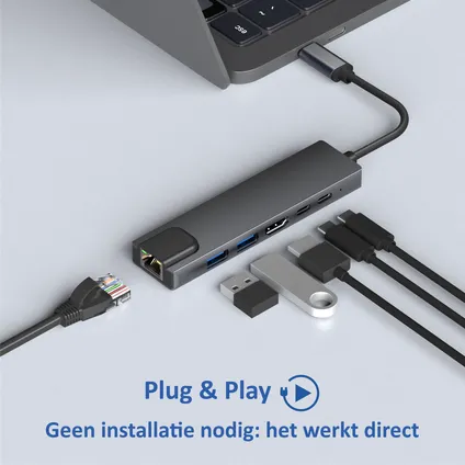 Rolio USB C Hub - HDMI 4K - Ethernet - 2x USB-C - 2x USB 3.0 - Universeel 4