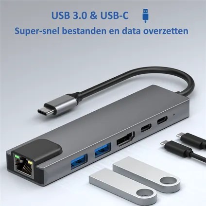 Rolio USB C Hub - HDMI 4K - Ethernet - 2x USB-C - 2x USB 3.0 - Universeel 7