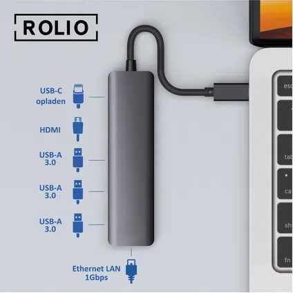 Rolio USB C Hub - 1Gbps Ethernet LAN - HDMI 4K - USB-C opladen - USB 3.0 2