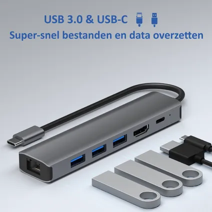 Rolio USB C Hub - 1Gbps Ethernet LAN - HDMI 4K - USB-C opladen - USB 3.0 6