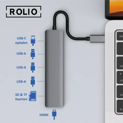 Rolio USB C Hub - 7 in 1 Hub - USB-C - 4K HDMI - USB 3.0 - SD & TF Kaartlezer - Universeel 2