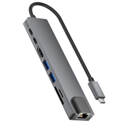 Rolio USB C Hub - 8 in 1 Hub - HDMI 4K - USB-C Opladen - Ethernet LAN poort - SD/TF kaart lezer