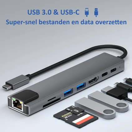 Rolio USB C Hub - 8 in 1 Hub - HDMI 4K - USB-C Opladen - Ethernet LAN poort - SD/TF kaart lezer 7