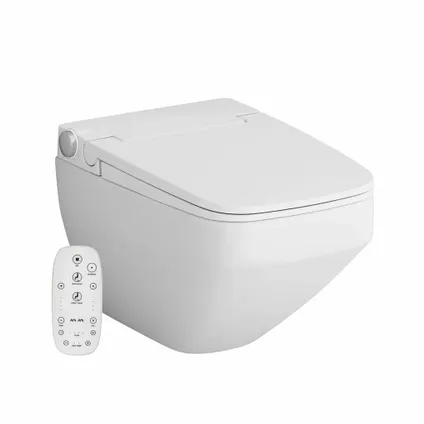 WC suspendu FlashClean sans rebord avec siège électronique TouchReel, siège chauffant et éclairage