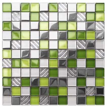 Feuille de mosaïque sur filet Ilcom Green Fashion 30 x 30cm - en verre trempé pour salle de bain ou cuisine