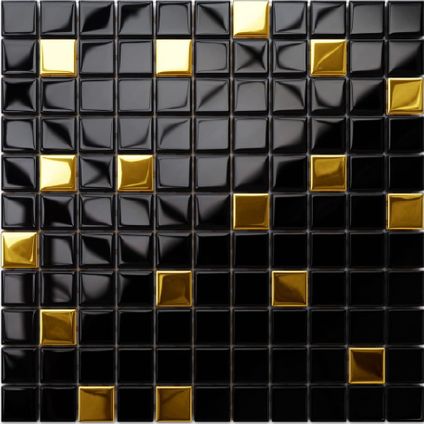 Feuille de mosaïque sur filet Ilcom Nero Gold 30 x 30cm - en verre trempé pour salle de bain ou cuisine