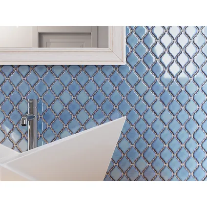 Feuille de mosaïque sur filet Ilcom Blue Arabesque 27.5 x 25.2 cm - en céramique pour salle de bain ou cuisine 7