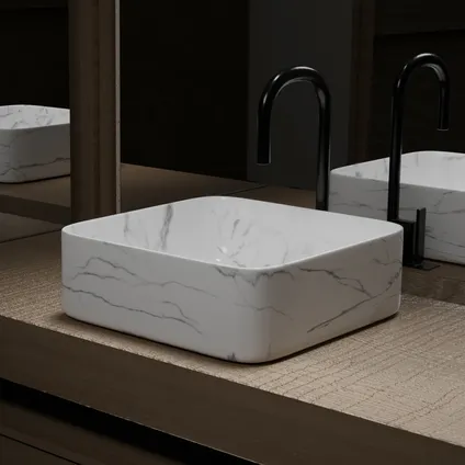 Vasque rectangulaire à poser Aurlane | Céramique blanc mat | 38x38 cm | Effet marbre 5