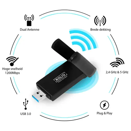 Rolio WiFi adapter USB - 1200Mbps 5GHz - Dual Antenne 2