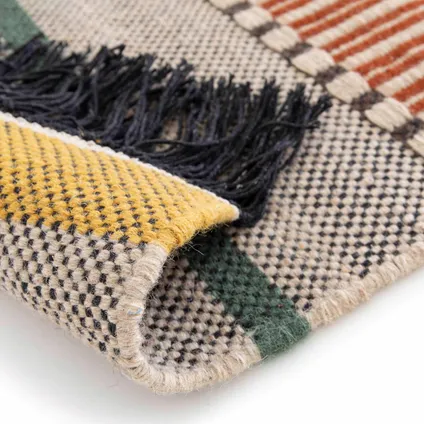 Oviala Vlak geweven wollen tapijt met patronen en franjes, 120 x 170 cm 3