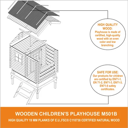 Maison en bois pour enfants - Timbela M501B - 182x146xH205cm/1.1m2 5