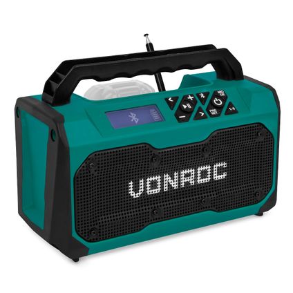 VONROC Accu bouwradio 20V - FM, bluetooth & USB - Bass-reflex poort speakers - Excl. accu en snellad