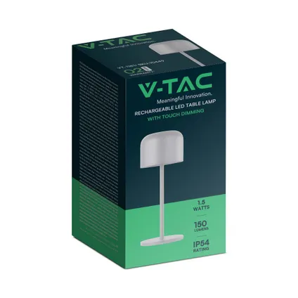 V-TAC VT-1181 Oplaadbare tafellamp - IP54 - Wit lamphuis - 1,5 Watt - 150 Lumen - 2700K+5700K 8