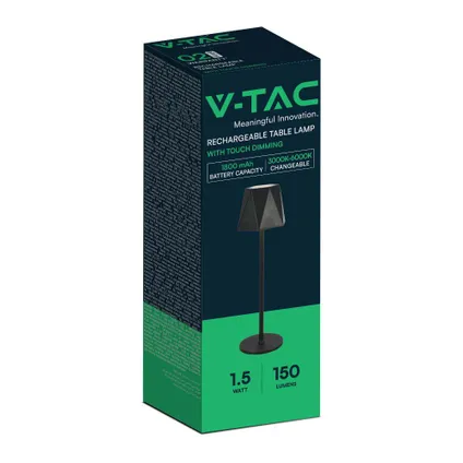 V-TAC VT-1034-B Oplaadbare tafellamp - IP20 - Zwarte behuizing - 1,5 watt - 150 lumen - 3IN1 9