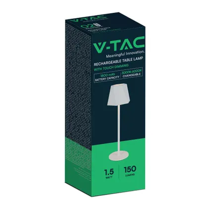 V-TAC VT-1034-W Oplaadbare tafellamp - IP20 - Wit lamphuis - 1,5 Watt - 150 Lumen - 3IN1 9