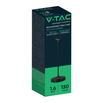 V-TAC VT-1073-B Oplaadbare tafellamp - IP20 - Zwarte behuizing - 1,6 watt - 130 lumen - 3IN1 8