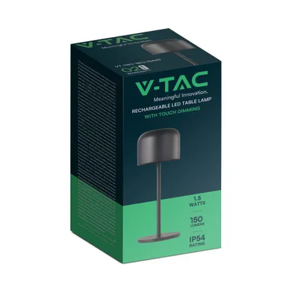 V-TAC VT-1181 Oplaadbare tafellamp - IP54 - Zwarte behuizing - 1,5 watt - 150 lumen - 8