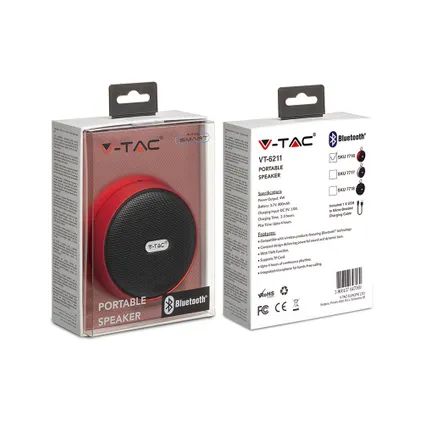 V-TAC VT-6211-RD Bluetooth-luidspreker - Clip - Rood - 4W - 800mAh 4