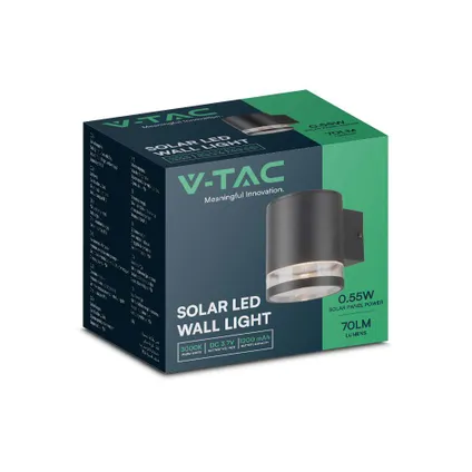 V-TAC VT-1145 Solarlampen - Wandlamp op zonne-energie - IP54 - Zwarte behuizing - 70 lumen - 9