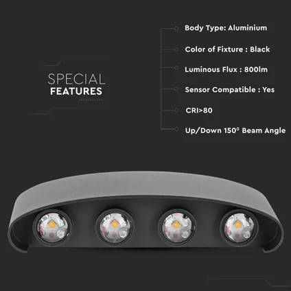 V-TAC VT-848-B Zwarte LED wandlamp - Semi - Ovaal - Bridgelux - IP54 - 8W - 800 Lumen - 3000K 2