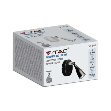 Appliques LED V-TAC VT-806-N - Noir - Interrupteur - IP20 - 4,5W - 420 Lumens - 3000K 5