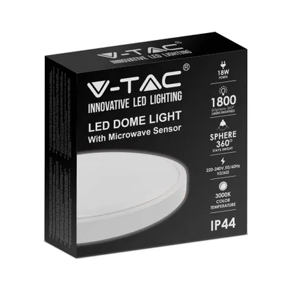 V-TAC VT-8618S-W-RD LED ronde plafonnière met sensor - 225mm - IP44 - Wit - 18W - 1800 Lumen - 3000K 4