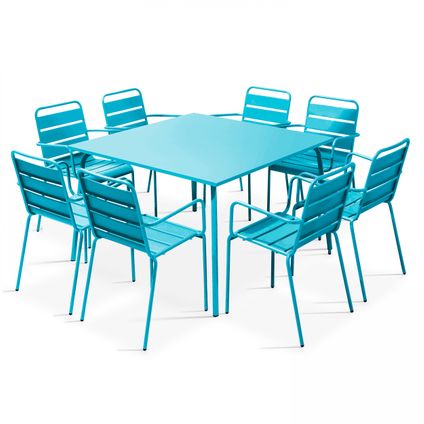 Oviala Palavas Oviala Palavas blauwe vierkante tuintafel en 8 metalen fauteuils