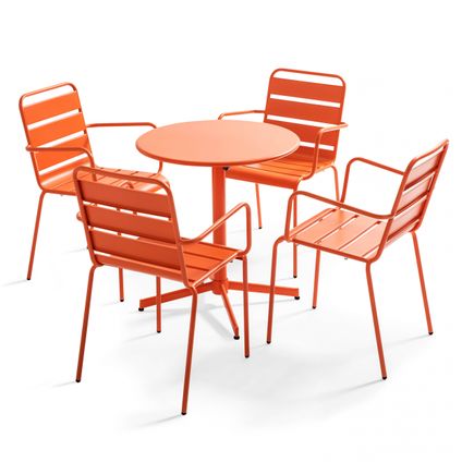 Ensemble table de jardin et 4 fauteuils métal Oviala Palavas orange