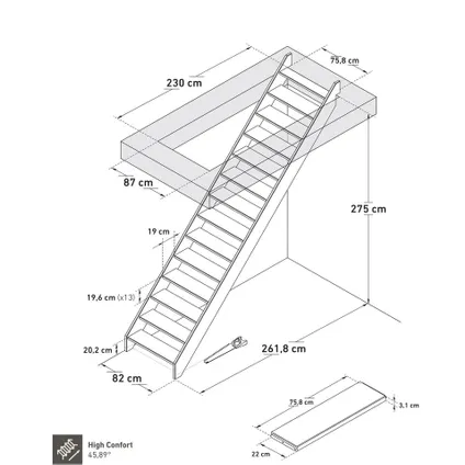 Escalier meunier Savoie - Sogem - hêtre - 13 marches ouvertes - balustrade de 3 balustres 2