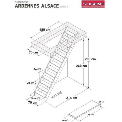 Escalier de meunier Alsace - Sogem - escalier droit - hêtre - 13 marches - rampe en bois 2