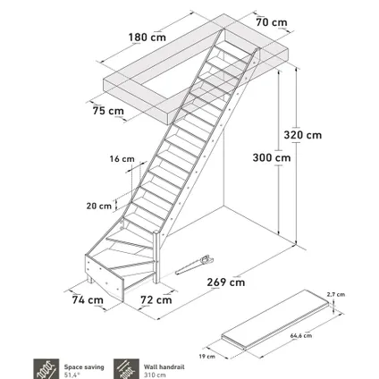Escalier de meunier Alsace - Sogem - quart tournant à droite - hêtre - main courante à câble 4