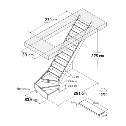 Jura escalier meunier - Sogem - quart tournant à droite - pin - escalier fermé avec 14 marches 4