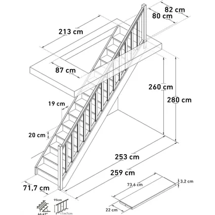Sogem - Molenaarstrap Milaan - eiken - open trap met 13 treden - houten balustrade 2