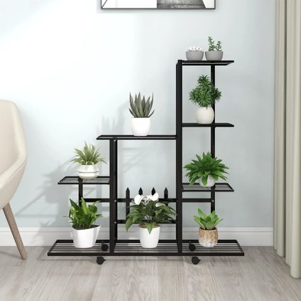 The Living Store - Métal - Support pour plantes sur roues 94,5x25x92,5 cm Noir - TLS336114