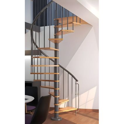 HandyStairs escalier colimaçon en métal "Bari" - 12 marches en hêtre pour hauteur 293cm - diamètre 140cm - Gris