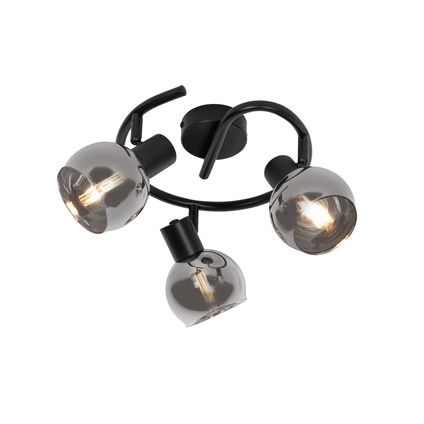QAZQA Art Deco plafondlamp zwart met smoke glas 3-lichts rond - Vidro