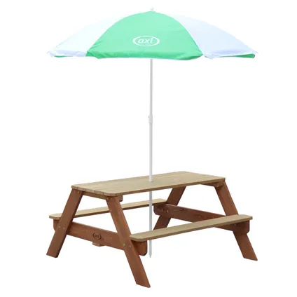 AXI Nick Picknicktafel voor kinderen in bruin met parasol in groen/wit Picknick 3
