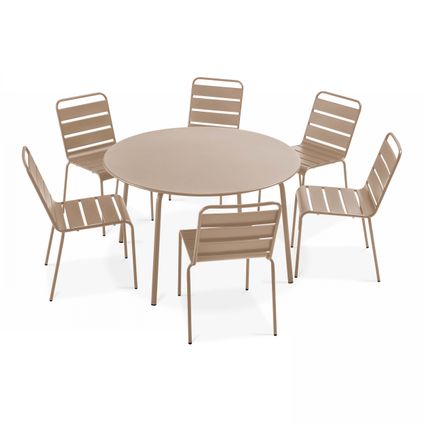 Ensemble table de jardin ronde et 6 chaises en métal Oviala Palavas taupe