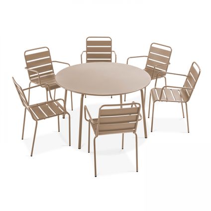 Ensemble table de jardin ronde et 6 fauteuils acier Oviala Palavas taupe