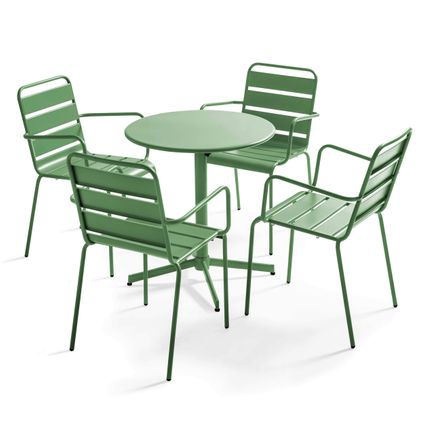 Ensemble table de jardin et 4 fauteuils métal Oviala Palavas vert cactus