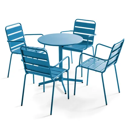 Ensemble table de jardin et 4 fauteuils métal Oviala Palavas bleu pacific