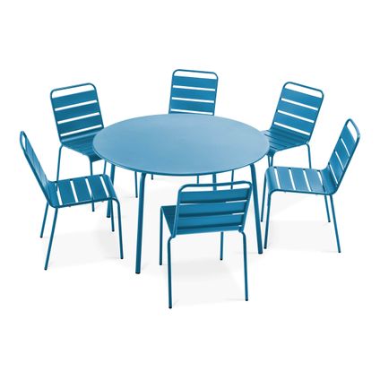 Ensemble table de jardin ronde et 6 chaises en métal Oviala Palavas bleu pacific