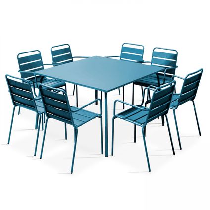 Oviala Palavas Oviala Palavas Pacific Blue vierkante tuintafel en 8 metalen fauteuils