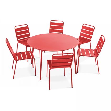 Ensemble table de jardin ronde et 6 chaises en métal Oviala Palavas rouge