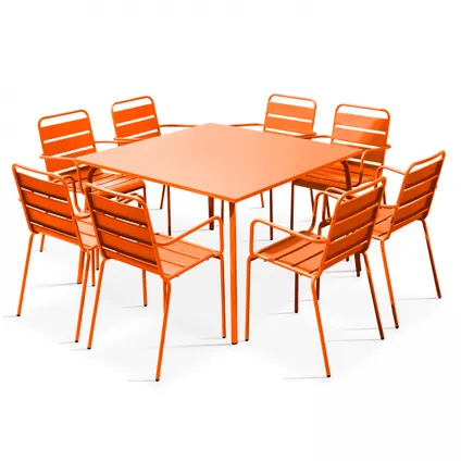 Oviala Palavas Oviala Palavas oranje vierkante tuintafel en 8 metalen fauteuils