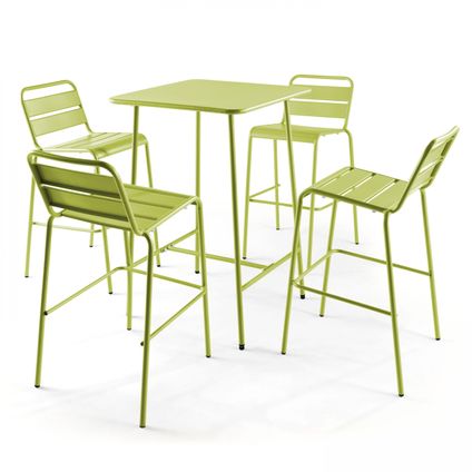 Oviala Palavas groene metalen bartafel en 4 hoge stoelen set