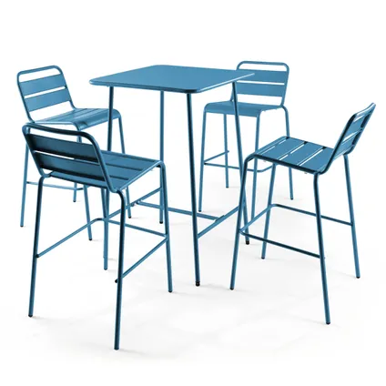 Oviala Palavas pacific blue metalen bartafel en 4 hoge stoelen set