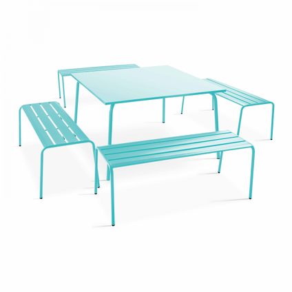Oviala Palavas Set van een vierkante tuin tafel en 4 turquoise metalen banken